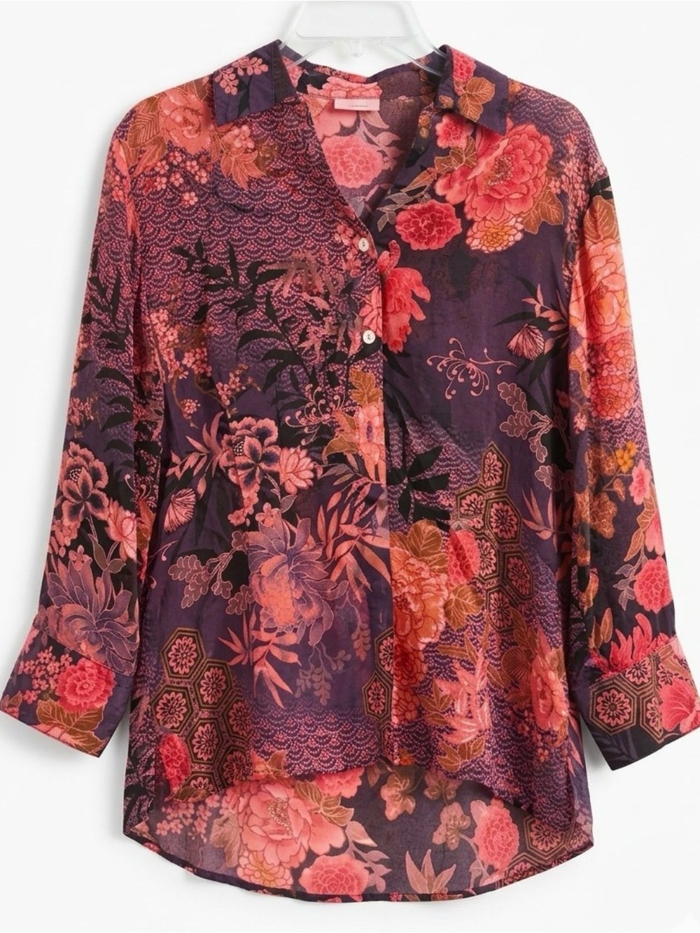 Tianello Floral Patchwork Burnout Blouse Button Up Boho Top Size Small
